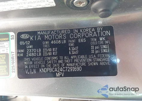 2012 Kia Sportage Lx z USA, uszkodzony, nr VIN KNDPBCA24C7291690